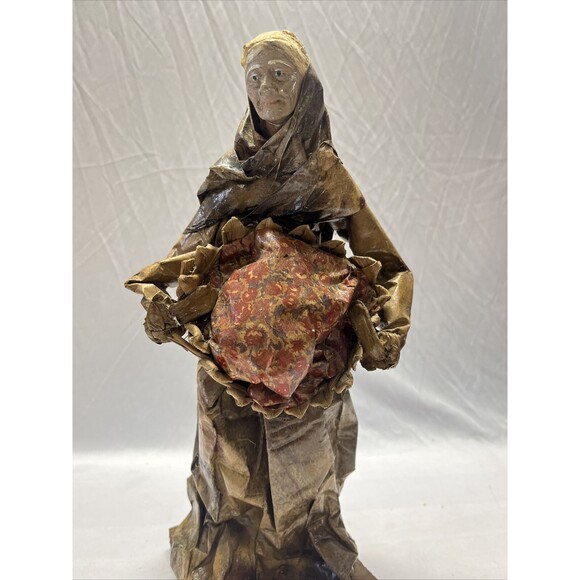 Vintage 3 Decoupage Paper Mache Man & Woman Holding Bags And Brooms 15” Tall - Picture 3 of 4